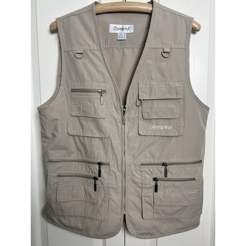 OlympinA Tactical Utility Vest Fishing Men's Small Beige Full Zip 10 Pocket